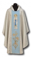 Messgewand -Damaskus mit gestickter Ikone - Wei/Blau Mutter Gottes aus Lourdes